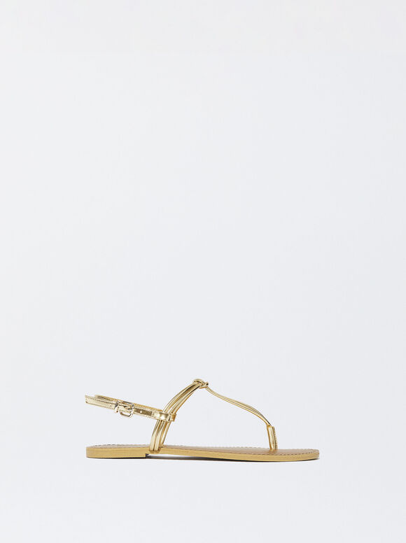 Flat Sandals With Knot, Golden, hi-res