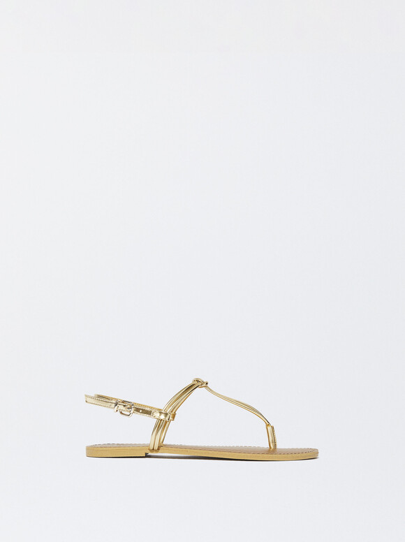 Flat Sandals With Knot, Golden, hi-res