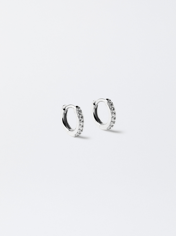 925 Sterling Silver Hoops With Zirconia, Silver, hi-res