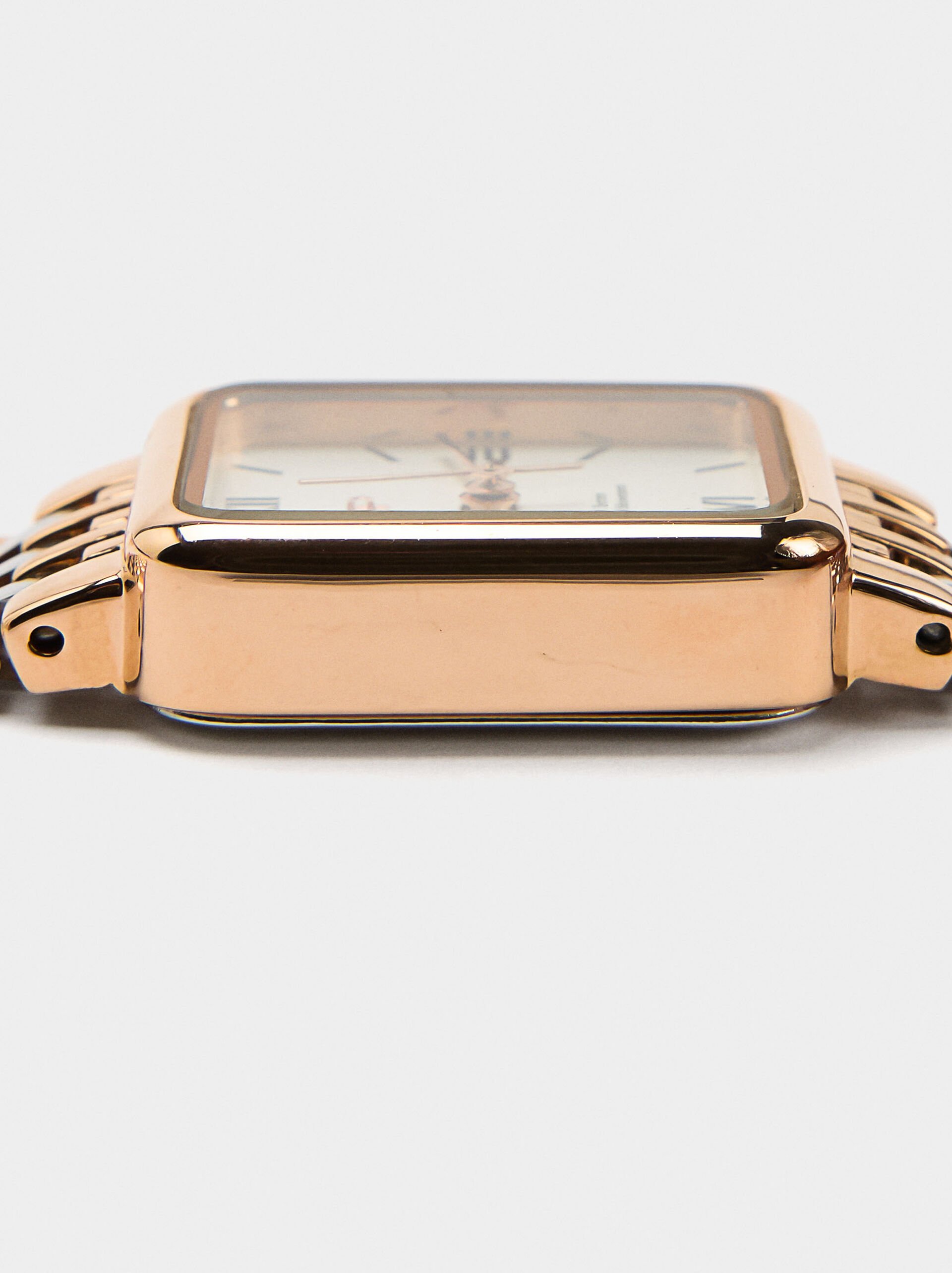 Square watch with a stainless steel bracelet image number 4.0