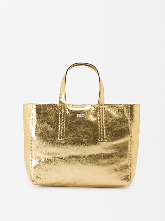 Personalized Metallic Leather Tote Bag, Golden, hi-res