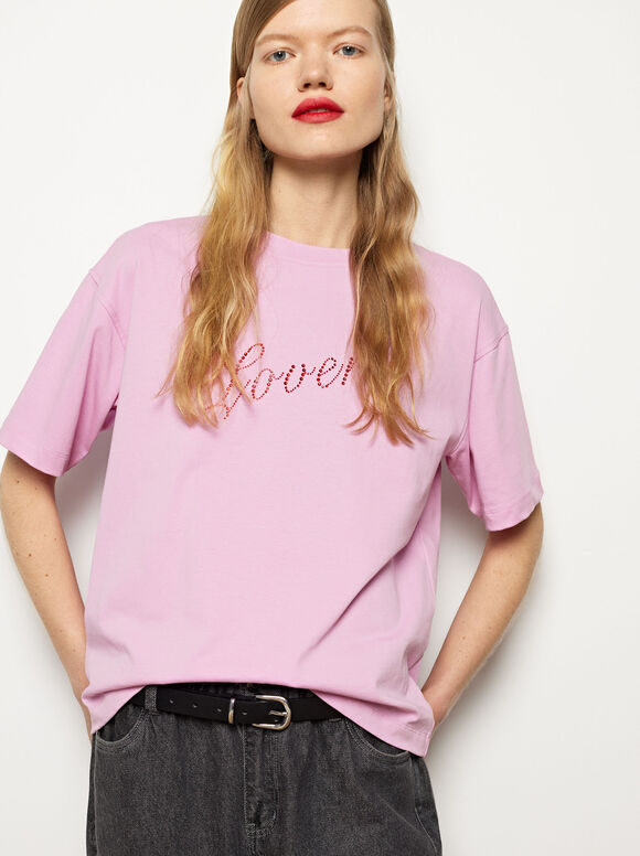 Cotton T-Shirt With Rhinestones, Pink, hi-res