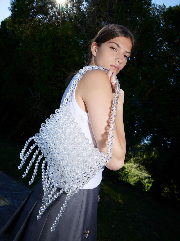 Online Exclusive - Shoulder Bag With Beads, Grey, hi-res