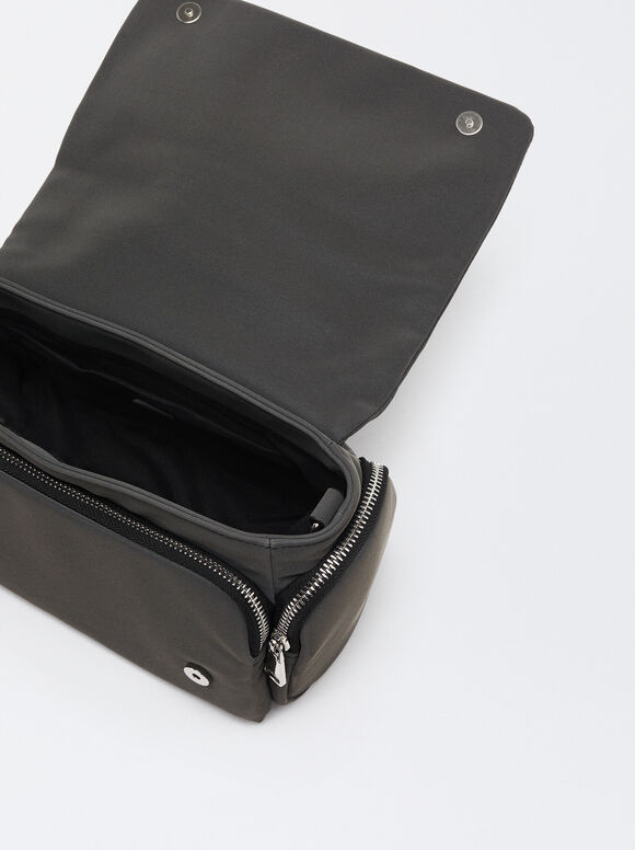 Nylon Effect Shoulder Bag, Black, hi-res