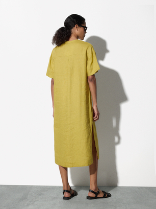 100% Linen Dress, Yellow, hi-res