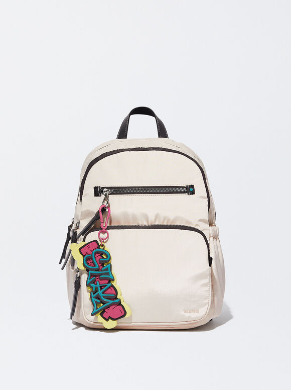 Nylon Backpack With Pendant, Ecru, hi-res