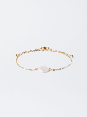 Stainless Steel Bracelet With Freshwater Pearl, Golden, hi-res