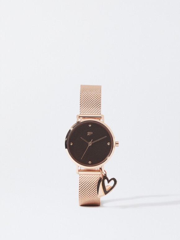 Stainless Steel Watch With Hearts, Rose Gold, hi-res