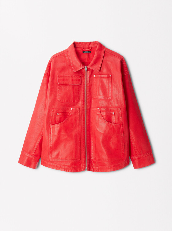 Online Exclusive - Denim Jacket , Red, hi-res
