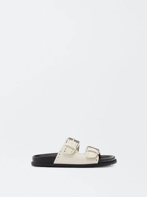 Flat Sandals With Buckles And Studs, White, hi-res