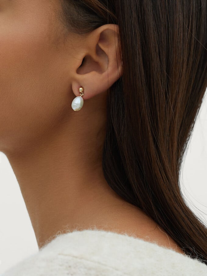 Small Earrings With Pearl, Golden, hi-res