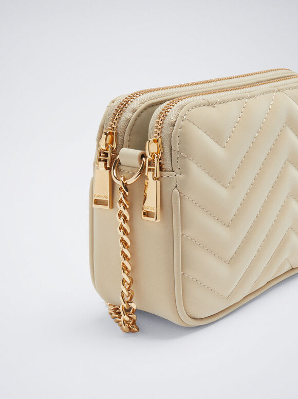 Quilted Crossbody Bag With Chain, Ecru, hi-res