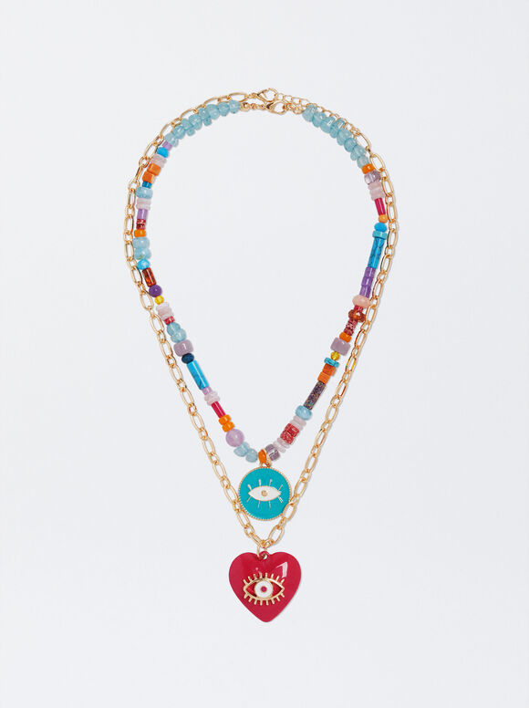 Set Of Necklaces With Stone And Charms, Multicolor, hi-res