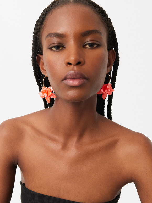Flower Hoop Earrings, Coral, hi-res