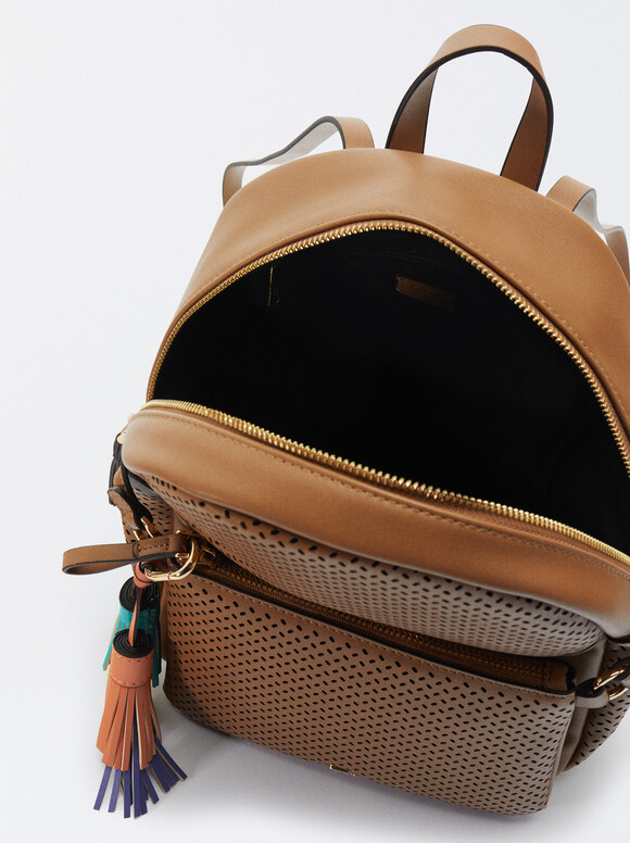 Perforated Backpack With Pendant, Camel, hi-res