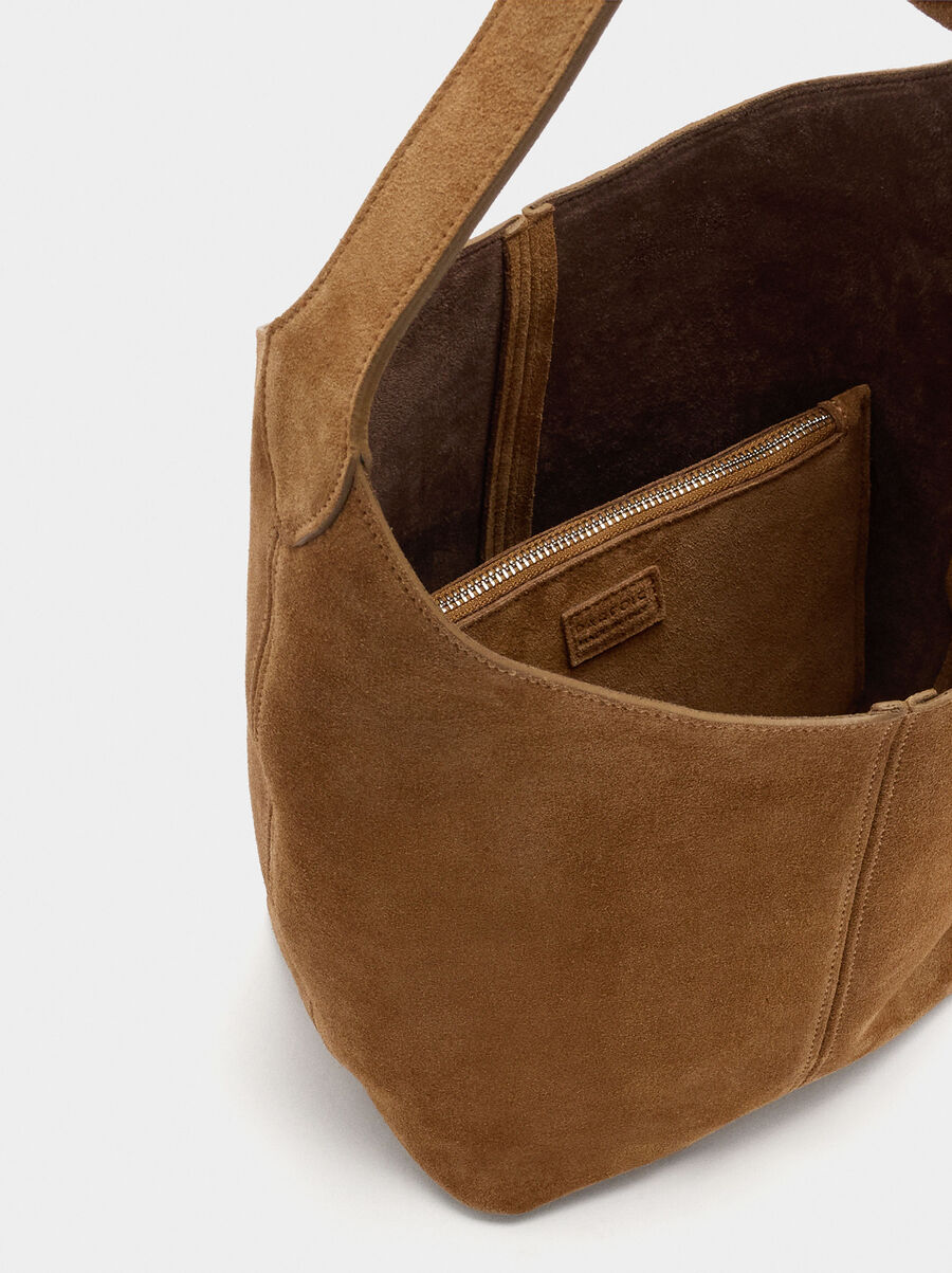 Suede bucket bag with inner pouch