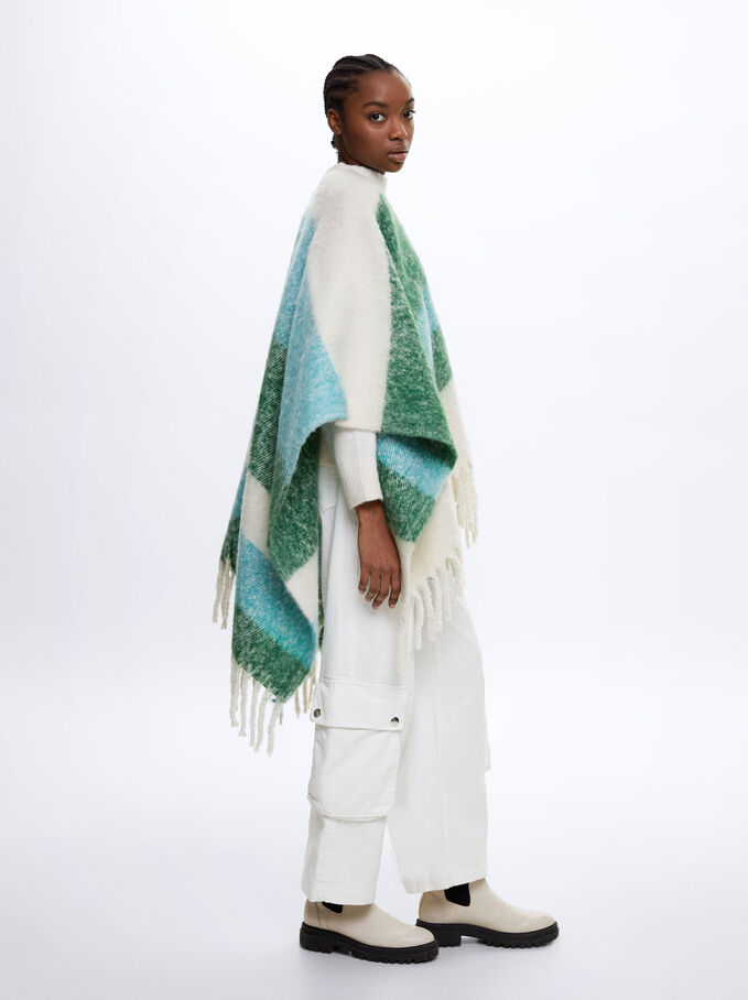 Knit Poncho With Fringes, Green, hi-res