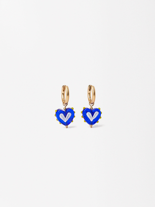 Hoop Earrings With Hearts, Blue, hi-res