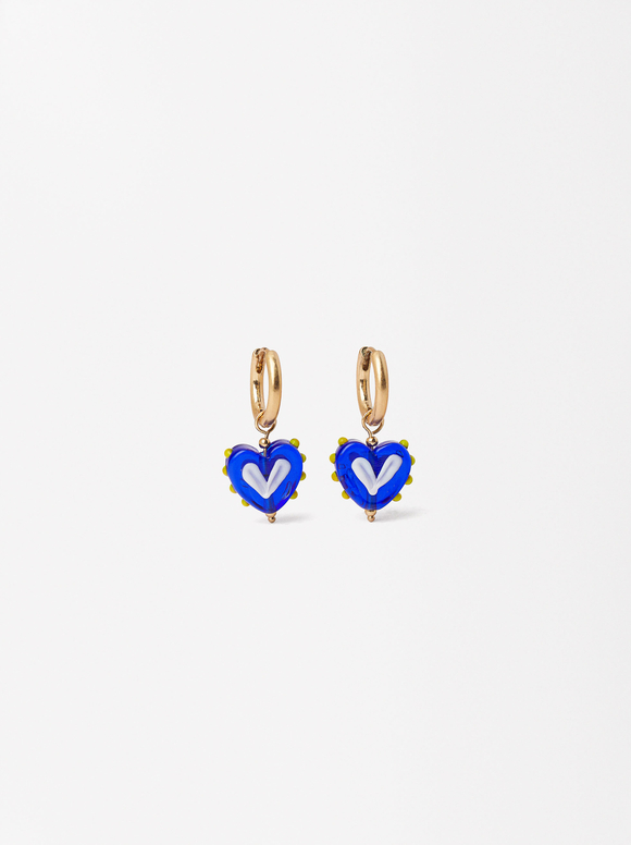 Hoop Earrings With Hearts, Blue, hi-res
