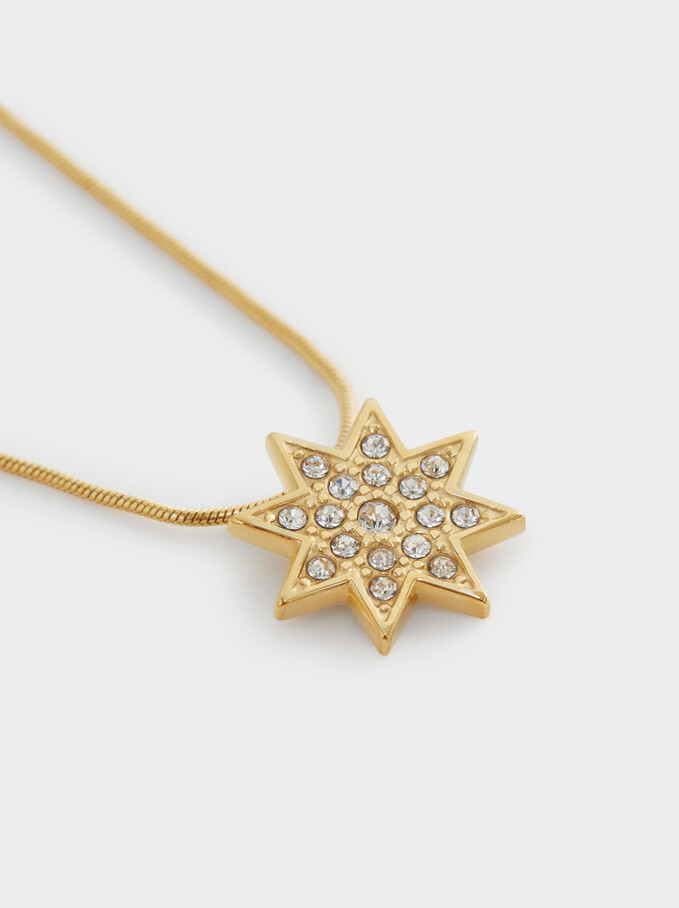 Short Steel Necklace With Star, Golden, hi-res