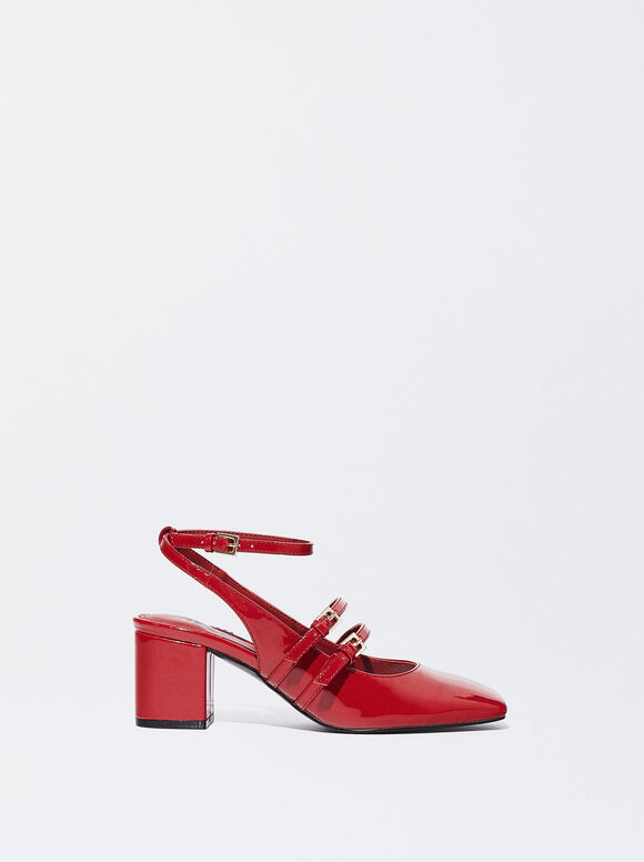 Patent Faux Slingback High Heel Shoes, Red, hi-res