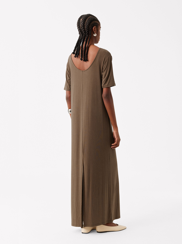 Flowy Dress With Short Sleeves , Brown, hi-res