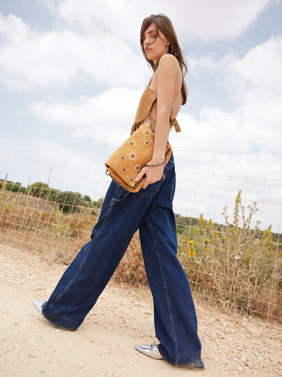 Leather Crossbody Bag With Tacks, Camel, hi-res