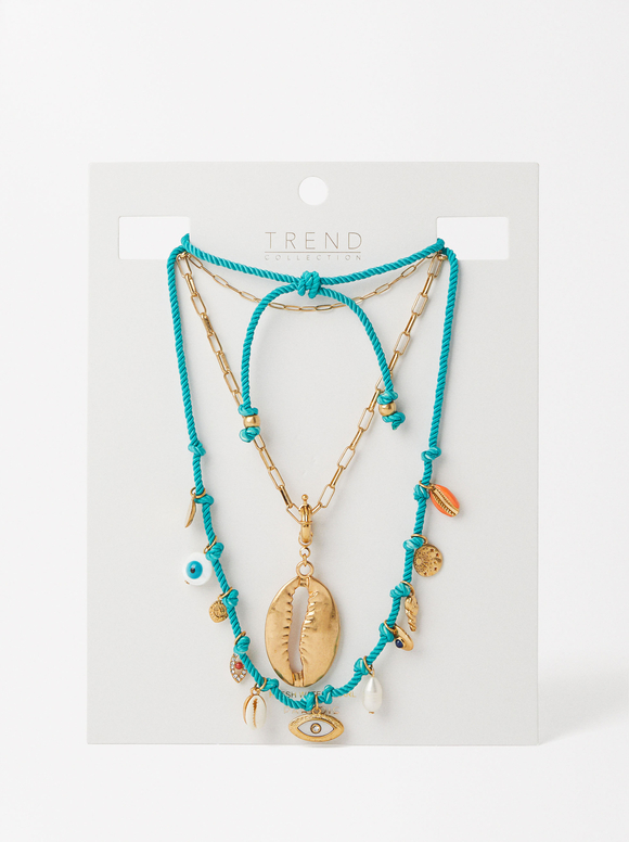Double Necklace With Seashell And Charms, Blue, hi-res