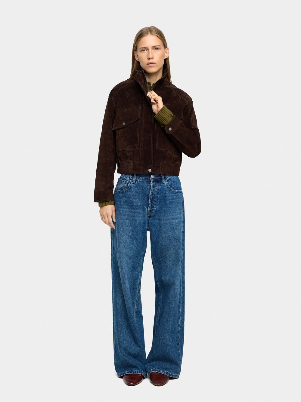 Leather jacket with high collar