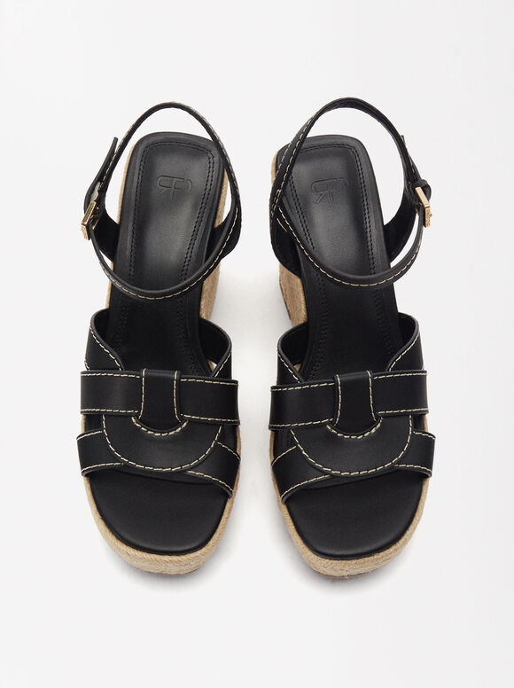 Jute Platform Heel Sandals , Black, hi-res