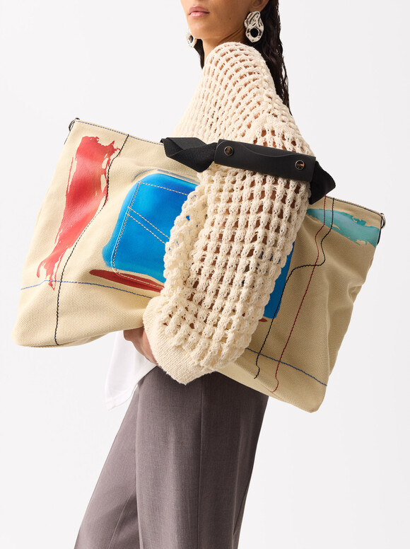 Online Exclusive - Printed Tote Bag, Ecru, hi-res