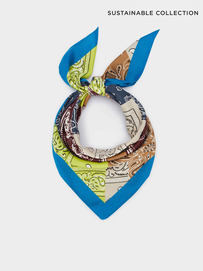 Printed Square Neckerchief Made From Recycled Materials, Blue, hi-res