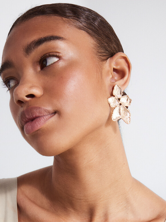 Gold-Toned Earrings With Flowers, Golden, hi-res
