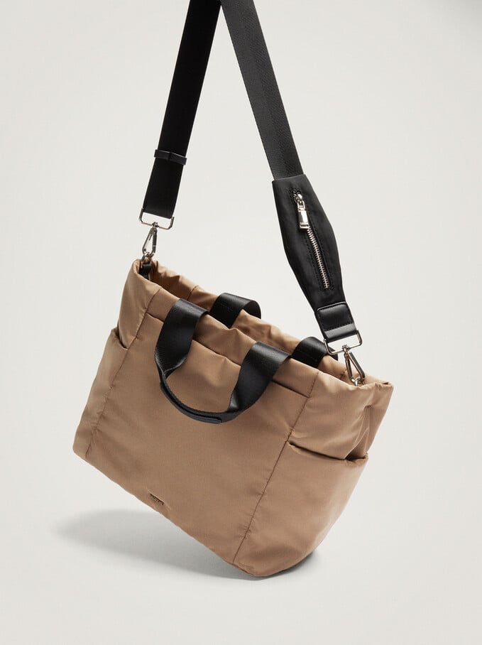 Nylon Tote Bag With Outer Pockets, Camel, hi-res