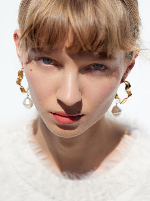 Golden Earrings With Pearls, White, hi-res