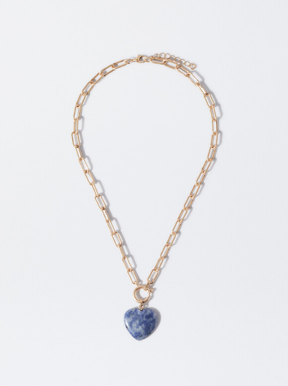 Golden Necklace With Heart Pendant, Blue, hi-res