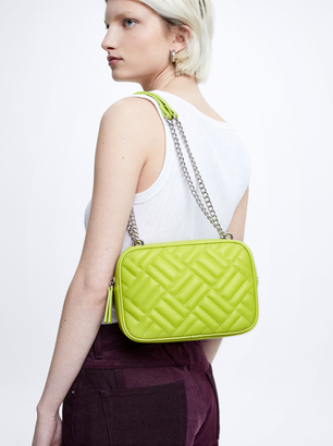 Quilted Crossbody Bag With Chain, Green, hi-res