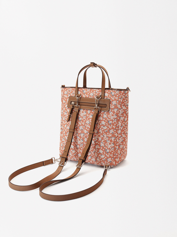 Floral Print Backpack, Coral, hi-res