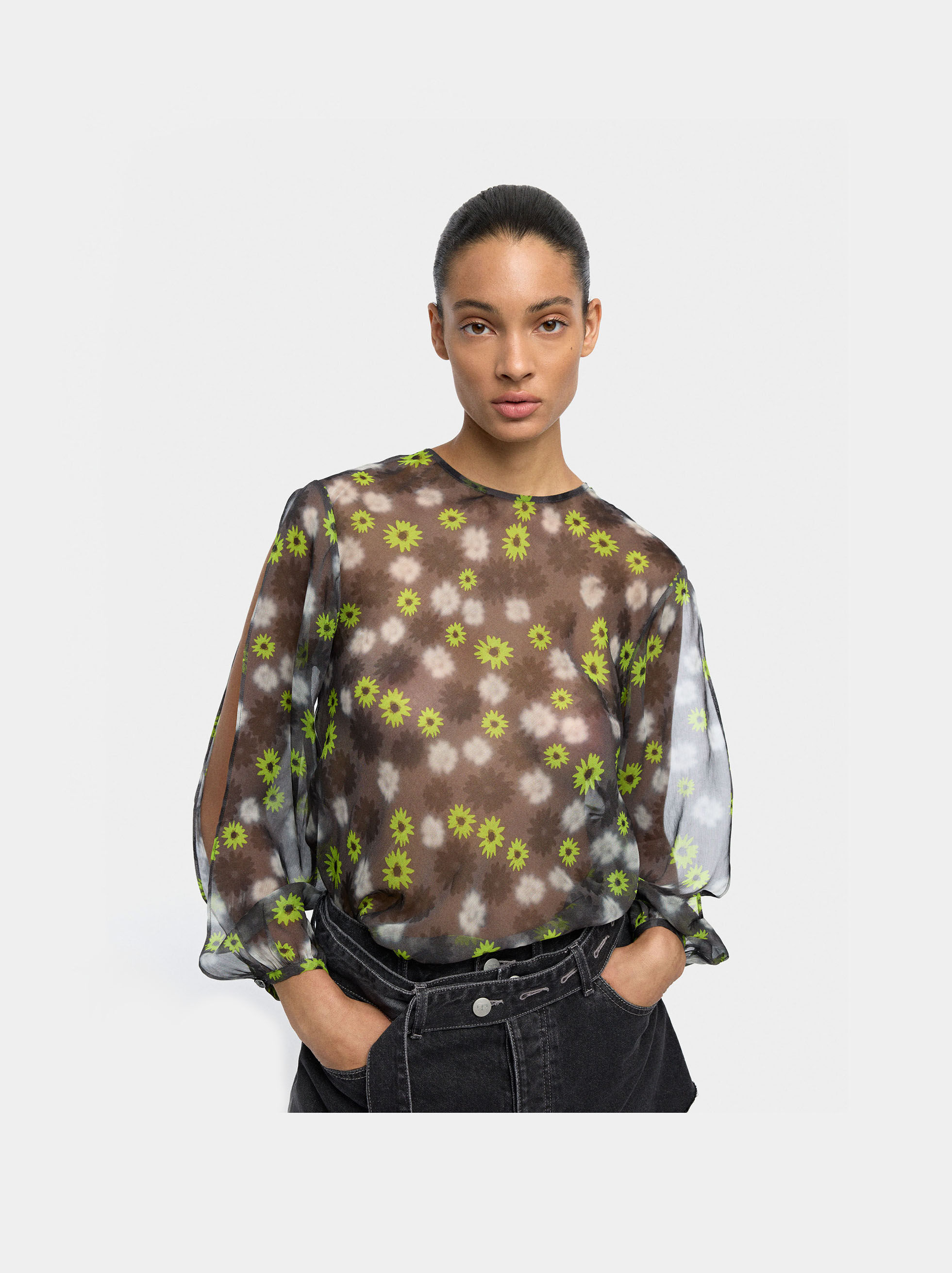 新品　Semicouture floral print sheer blouse FLORAL PRINT SEMI-SHEER SHIRT - Multicolored | ZARA Canada