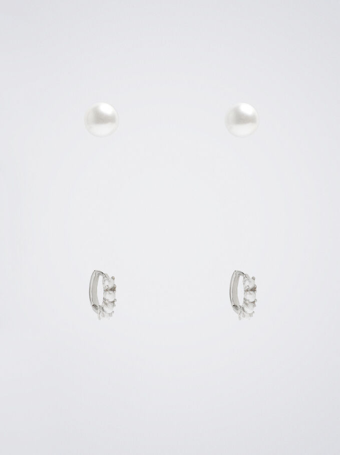 Set Of Hoop Earrings With Pearls, Silver, hi-res
