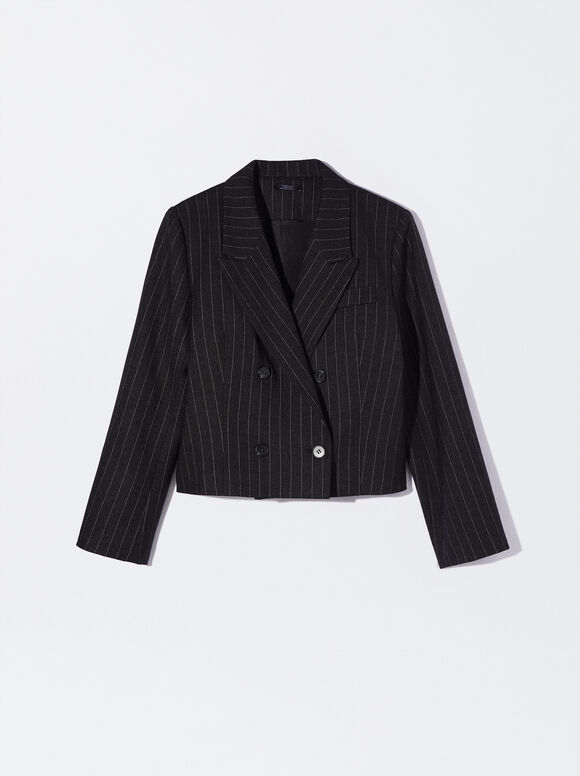 Cropped Striped Blazer, Black, hi-res