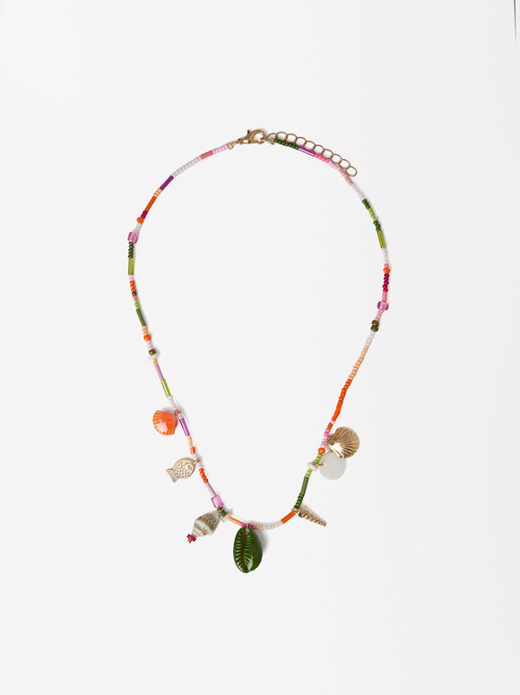 Short Necklace With Beads And Shells, Multicolor, hi-res