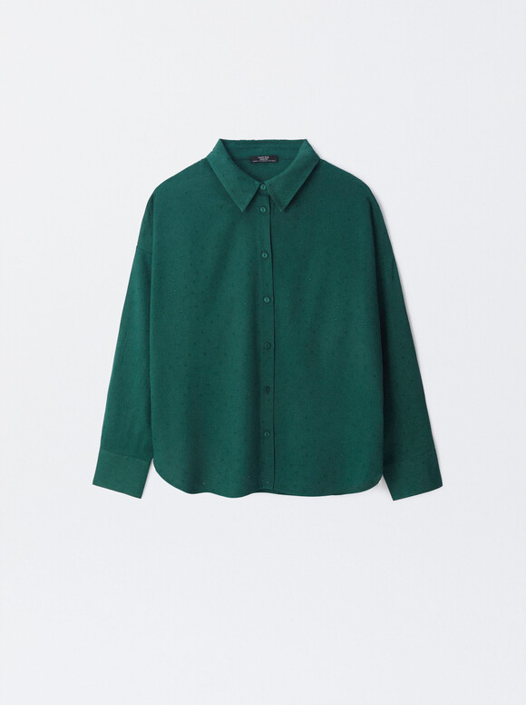 Long-Sleeve Shirt With Rhinestones, Green, hi-res