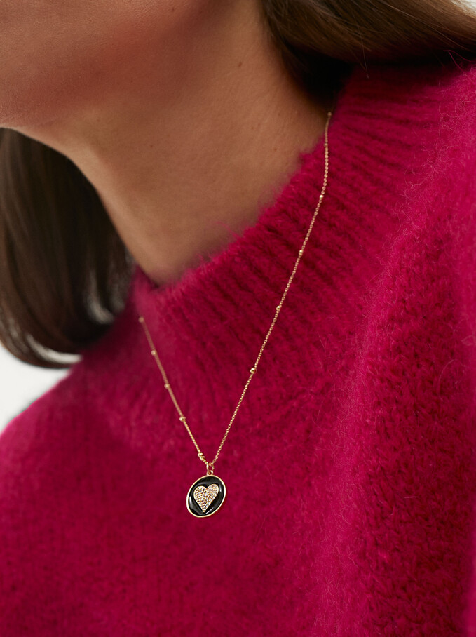 Short Heart Necklace With Cubic Zirconia, Golden, hi-res
