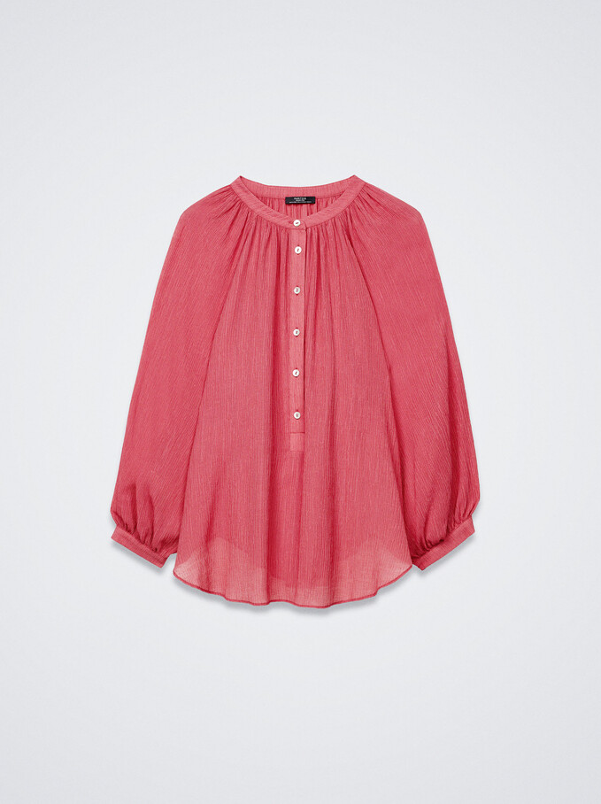 Textured Shirt With Puffed Sleeves, Red, hi-res