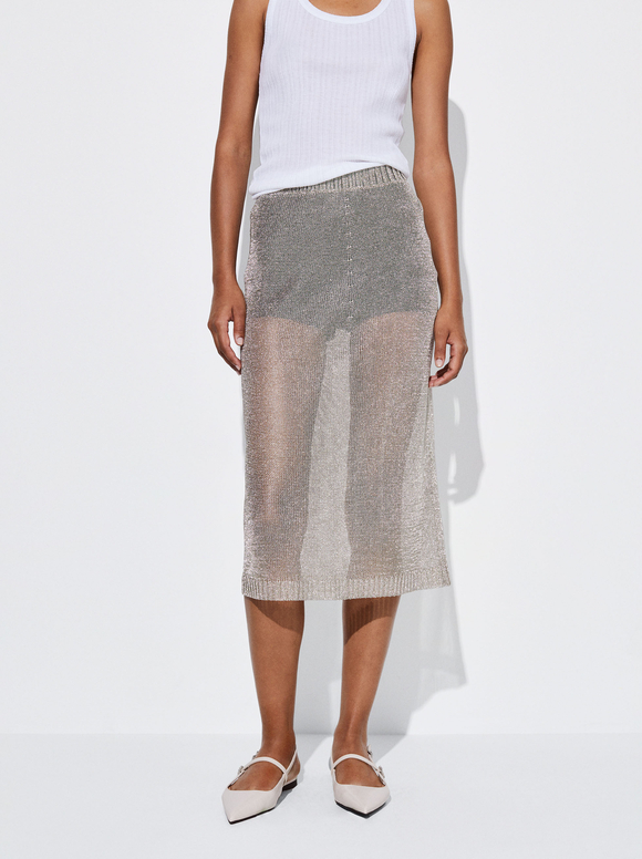 Metallic Midi Skirt, Silver, hi-res