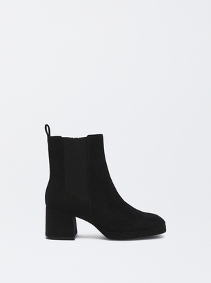 Suede Effect Ankle Boots, Black, hi-res