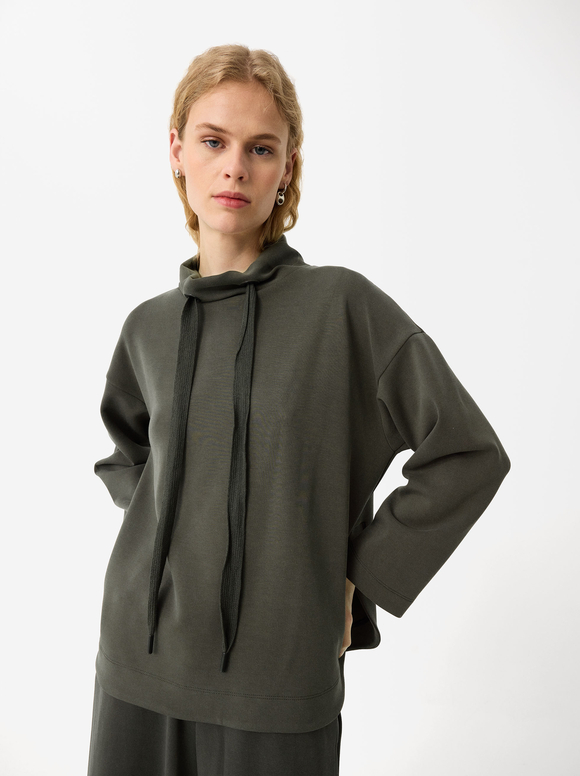 High-Neck Modal Sweatshirt, Khaki, hi-res