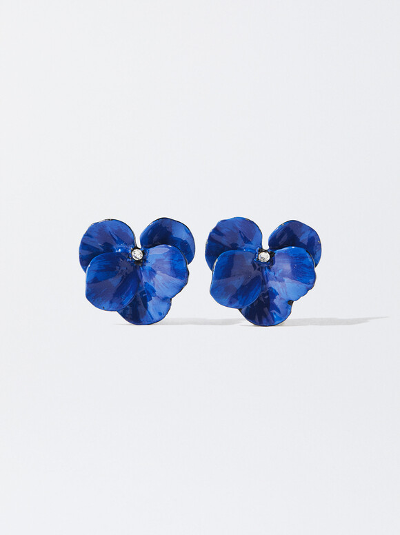 Boucles D’Oreille Fleur, Bleu Foncé, hi-res