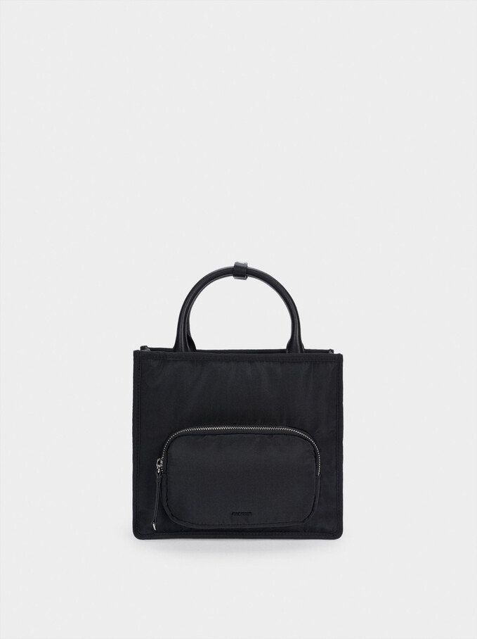 Nylon Tote Bag With Shoulder Strap, Black, hi-res